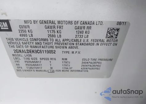 2012 Chevrolet Equinox 1Lt z USA, uszkodzony, nr VIN 2GNALDEK9C6119052